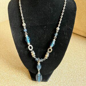 Lia Sophia Necklace, Blue Glass Beads, Silver-tone, Drop, Signed, Lobster Clasp